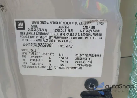 2006 Buick Rendezvous Cx from USA, damaged, VIN 3G5DA03L86S575069